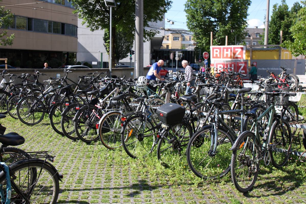 Rows upon rows of bikes are parked outside the beer garden.