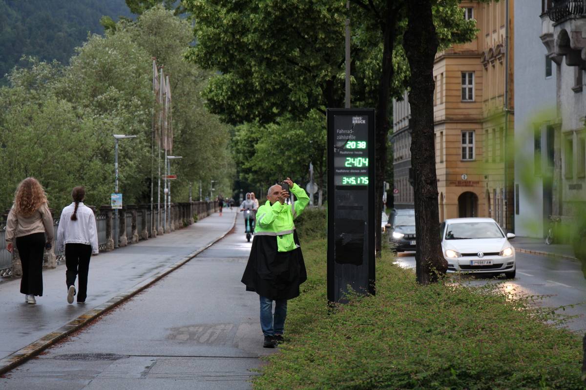 My dad takes a close-up photo of a bike-counting sign