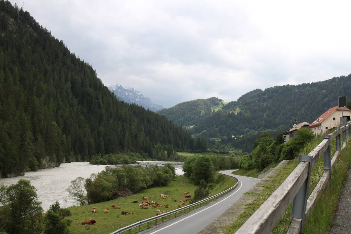 A view of the road from a steeper side road