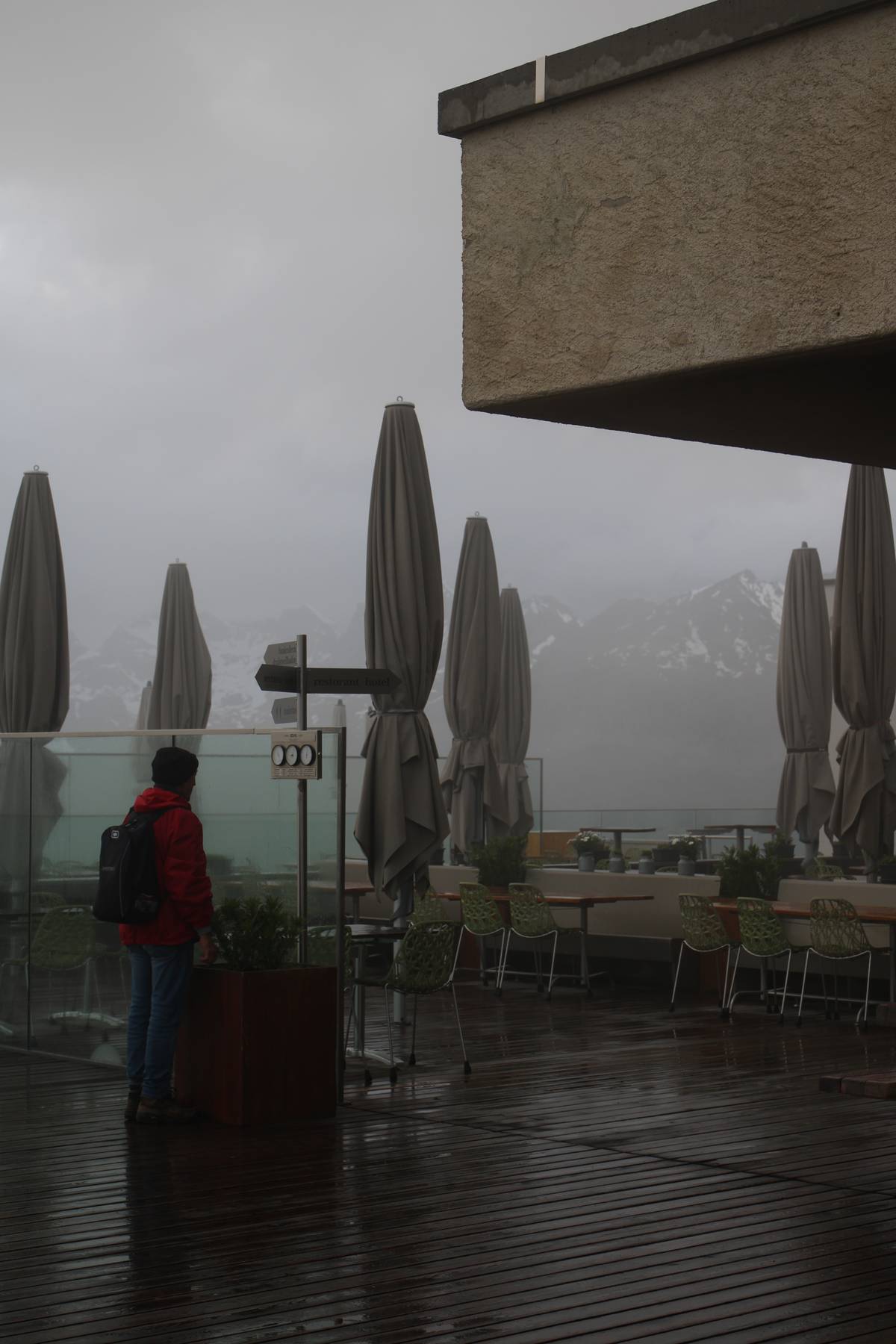 My dad checks the timetable for the trip down on the outdoor patio