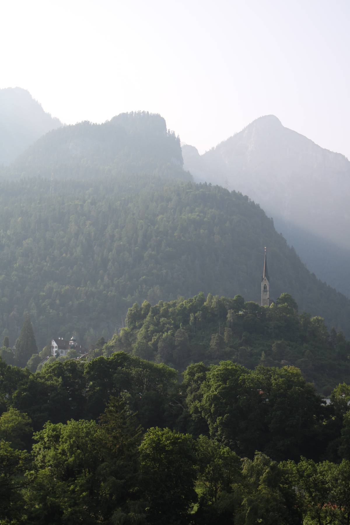 A church in the town is the only thing visible above the treeline